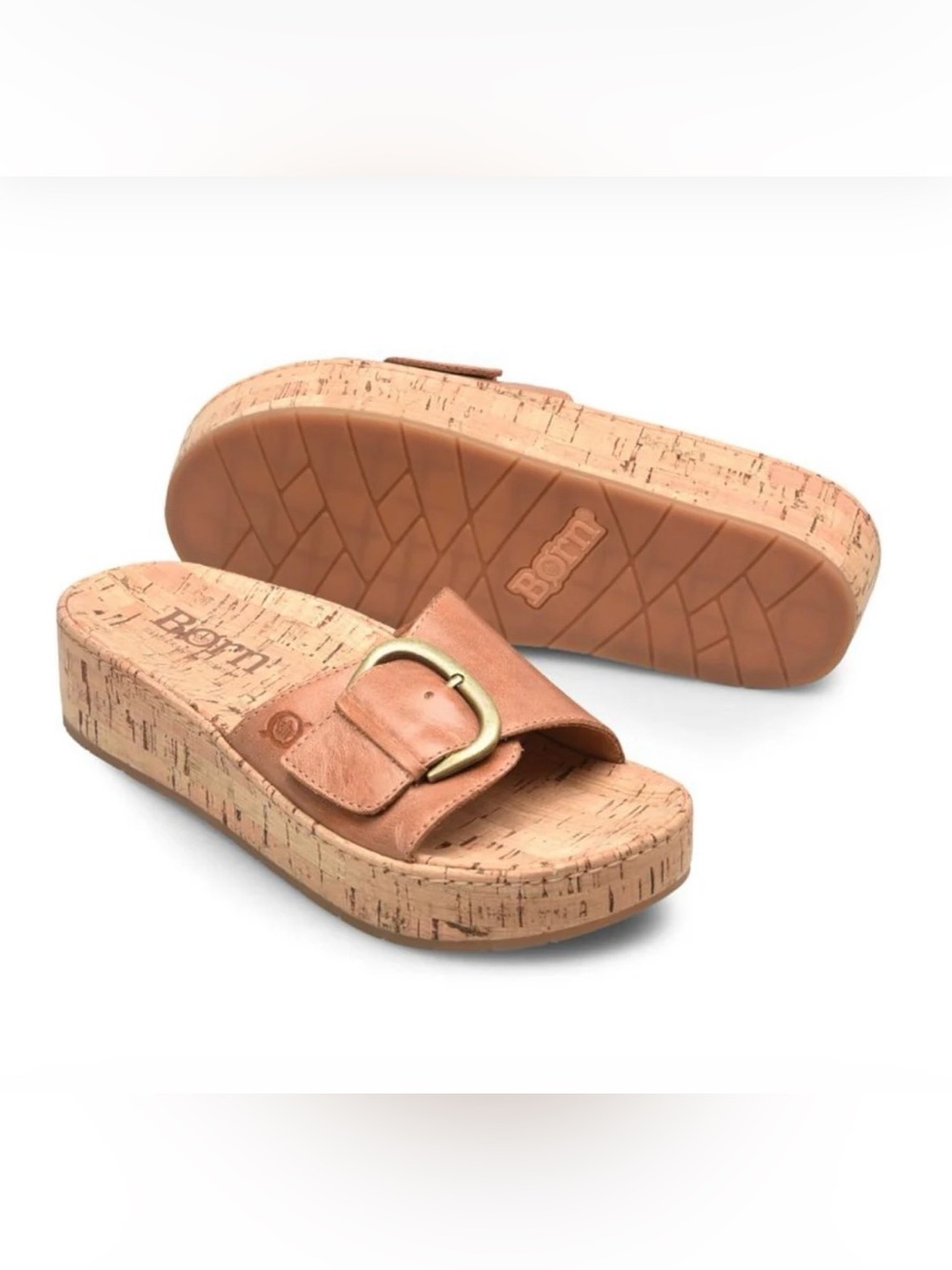 Born Tan Leather Cork Wedge Slide with Buckle